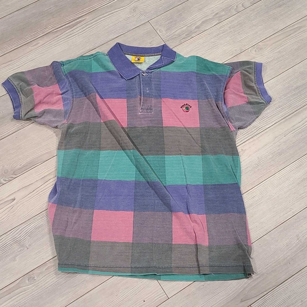 Striped Pastel Plaid Polo Shirt with Small Chest Logo Vintage Duck head